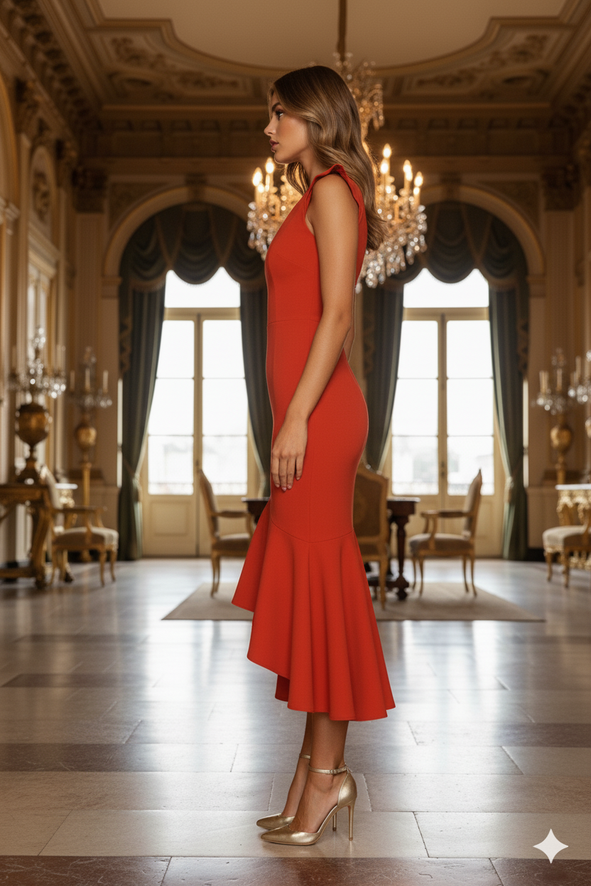 Red Fishtail Princess Ruffled Party Dress